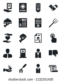Set of vector isolated black icon - passport vector, medical room, handshake, document, garden fork, farm, heart hand, client, touch screen, finger down, estate, waiter, remote control, palm sproute