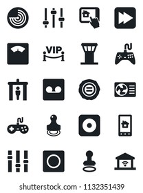 Set of vector isolated black icon - airport tower vector, security gate, stamp, radar, scales, gamepad, settings, fast forward, rec button, tuning, record, vip zone, air conditioner, garage