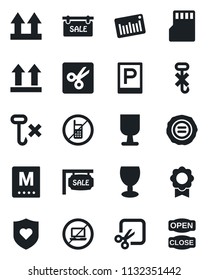 Set of vector isolated black icon - parking vector, no mobile, laptop, stamp, heart shield, fragile, up side sign, hook, barcode, sd, cut, sertificate, sale, menu, open close