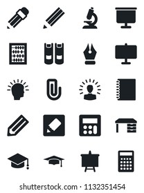 Set of vector isolated black icon - book vector, graduate, abacus, desk, presentation board, pencil, microscope, calculator, notes, copybook, paper clip, ink pen, shining head