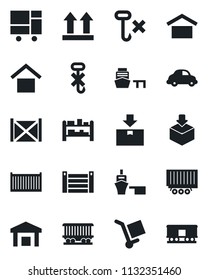 Set of vector isolated black icon - railroad vector, truck trailer, cargo container, car delivery, sea port, consolidated, warehouse storage, up side sign, no hook, package, rack
