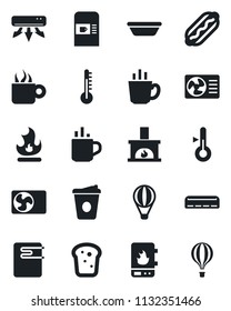Set of vector isolated black icon - hot cup vector, coffee machine, fire, fireplace, air conditioner, bread, dog, bowl, water heater, thermometer, balloon