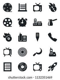 Set of vector isolated black icon - alarm clock vector, tv, sickle, plant label, reel, vinyl, flame disk, radio phone, call, abacus, office, turkish coffee, rocket