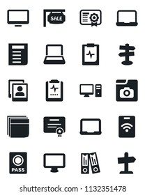 Set of vector isolated black icon - passport vector, office binder, notebook pc, document, pulse clipboard, signpost, monitor, photo gallery, blank box, sale, pass card, certificate, guidepost