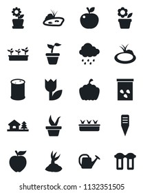 Set of vector isolated black icon - flower in pot vector, seedling, watering can, sproute, rain, plant label, pumpkin, seeds, pond, tulip, oil barrel, house with tree, apple fruit, water filter