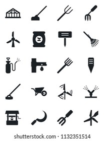 Set of vector isolated black icon - garden fork vector, farm, rake, wheelbarrow, well, hoe, sickle, plant label, greenhouse, sprayer, fertilizer, drip irrigation, windmill