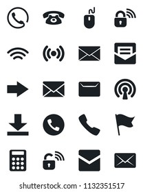 Set of vector isolated black icon - phone vector, right arrow, mail, mouse, call, download, wireless, calculator, lock, flag