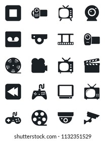 Set of vector isolated black icon - clapboard vector, film frame, reel, tv, gamepad, video camera, stop button, rewind, record, web, surveillance