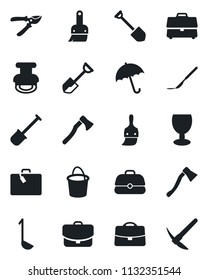 Set of vector isolated black icon - suitcase vector, umbrella, job, shovel, bucket, pruner, axe, scalpel, fragile, themes, case, stamp, ladle, hard work