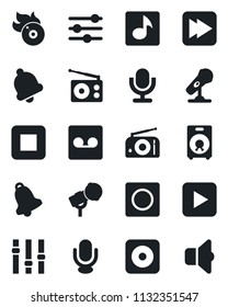 Set of vector isolated black icon - flame disk vector, microphone, radio, settings, speaker, play button, stop, fast forward, rec, tuning, bell, record, music, sound