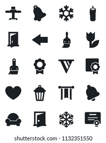 Set of vector isolated black icon - left arrow vector, garden light, heart, tulip, themes, bell, sertificate, cushioned furniture, restaurant table, candle, snowflake, door, pennon, certificate