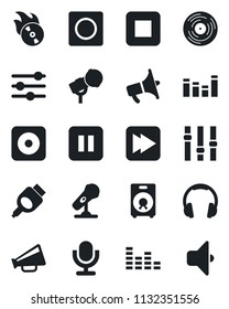 Set of vector isolated black icon - vinyl vector, flame disk, microphone, loudspeaker, settings, equalizer, headphones, speaker, pause button, stop, fast forward, rec, hdmi, tuning, record, sound