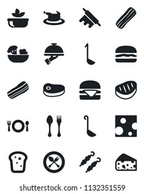 Set of vector isolated black icon - spoon and fork vector, cafe, salad, bacon, waiter, bread, chicken, steak, kebab, hamburger, ladle, rolling pin, cheese