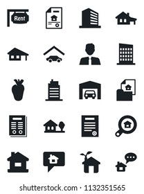 Set of vector isolated black icon - office building vector, real heart, contract, house, with garage, tree, estate document, rent, search, agent, city, eco, home message