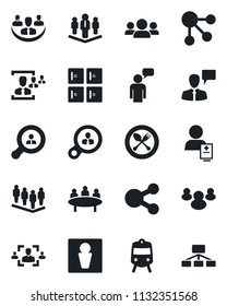 Set of vector isolated black icon - spoon and fork vector, train, male, checkroom, speaking man, team, meeting, patient, group, company, hr, client search, consumer, social media, hierarchy