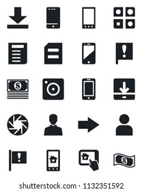 Set of vector isolated black icon - right arrow vector, mobile phone, document, important flag, cell, camera, user, download, application, home control app, cash