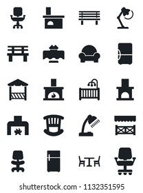 Set of vector isolated black icon - cafe vector, office chair, bench, fireplace, desk lamp, children room, cushioned furniture, restaurant table, alcove, fridge