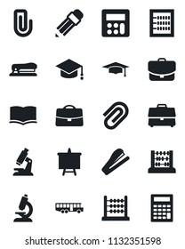 Set of vector isolated black icon - airport bus vector, book, graduate, abacus, presentation board, microscope, calculator, case, paper clip, pencil, stapler