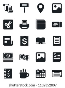 Set of vector isolated black icon - ticket vector, contract, book, coffee, calendar, plant label, pin, receipt, clipboard, gallery, cut, news, blank box, checklist, printer, cash, schedule