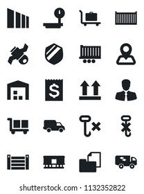 Set of vector isolated black icon - baggage trolley vector, navigation, satellite, client, truck trailer, cargo container, car delivery, receipt, folder document, up side sign, no hook, sorting