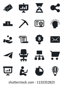 Set of vector isolated black icon - stopwatch vector, shining head, office chair, investment, cart, paper plane, social media, hierarchy, certificate, mail, pedestal, presentation, contract