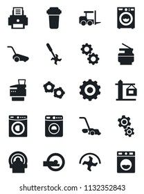 Set of vector isolated black icon - washer vector, fork loader, gear, ripper, lawn mower, tomography, printer, copier, crane, water filter