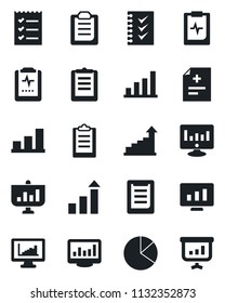 Set of vector isolated black icon - growth statistic vector, monitor, diagnosis, pulse clipboard, statistics, bar graph, pie, checklist, presentation