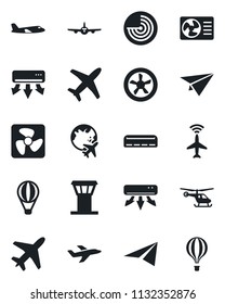 Set of vector isolated black icon - plane vector, airport tower, radar, helicopter, globe, air conditioner, fan, paper, balloon