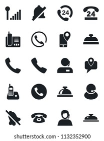 Set of vector isolated black icon - phone vector, reception bell, 24 hours, support, mobile tracking, radio, call, mute, cellular signal