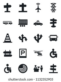Set of vector isolated black icon - plane radar vector, airport bus, parking, passport control, signpost, alarm car, border cone, helicopter, disabled, route, traffic light, truck trailer, guidepost