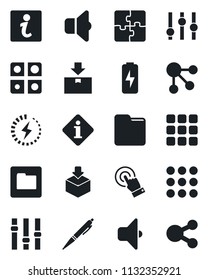Set of vector isolated black icon - package vector, settings, touch screen, menu, folder, charge, application, pen, sound, information, social media
