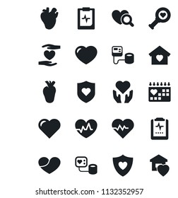 Set of vector isolated black icon - heart vector, pulse, blood pressure, diagnostic, shield, hand, real, medical calendar, clipboard, sweet home