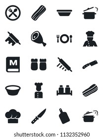 Set of vector isolated black icon - cook vector, cafe, hat, menu, bacon, salt and pepper, ham, bowl, rolling pin, cutting board, knife, steaming pan