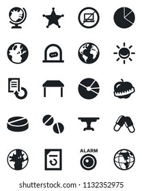 Set of vector isolated black icon - no laptop vector, ticket office, globe, document reload, pills, diet, earth, pie graph, table, police, alarm led