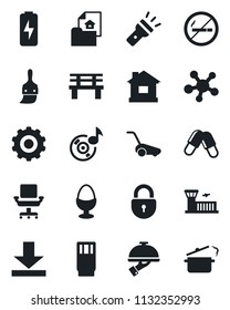 Set of vector isolated black icon - no smoking vector, lock, airport building, gear, lawn mower, house, bench, pills, share, themes, download, torch, music, charge, office chair, estate document