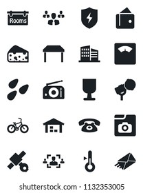 Set of vector isolated black icon - seeds vector, scales, bike, satellite, fragile, microphone, radio, protect, photo gallery, hr, warehouse, rooms, office building, table, phone, cheese, group