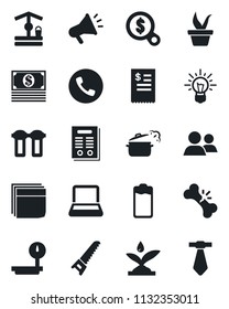 Set of vector isolated black icon - phone vector, seedling, saw, well, broken bone, heavy scales, group, battery, blank box, notebook pc, contract, restaurant receipt, steaming pan, irrigation, idea