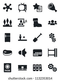 Set of vector isolated black icon - escalator vector, passport, pedestal, shovel, boot, term, railroad, film frame, speaker, tv, share, favorites list, hr, paper binder, steak, ham, gear, fridge
