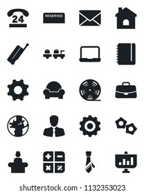 Set of vector isolated black icon - suitcase vector, reception, baggage larry, gear, mail, case, calculator, notepad, house, earth, 24 hours, client, reel, settings, tie, notebook pc, reserved