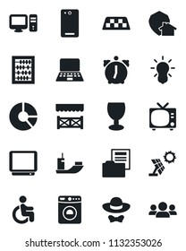 Set of vector isolated black icon - taxi vector, tv, washer, abacus, notebook pc, circle chart, disabled, sea shipping, fragile, phone back, alarm, document folder, dress code, alcove, bulb, group