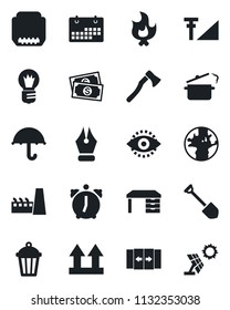 Set of vector isolated black icon - automatic door vector, desk, bulb, job, fire, axe, garden light, earth, cash, umbrella, up side sign, hdmi, alarm, eye id, cellular signal, calendar, ink pen
