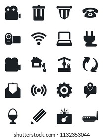 Set of vector isolated black icon - trash bin vector, bomb in case, gear, pennant, well, mobile tracking, video camera, mail, update, wireless, notebook pc, pencil, phone, egg stand, home control