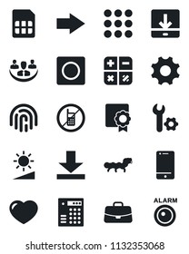 Set of vector isolated black icon - no mobile vector, right arrow, case, calculator, caterpillar, cell phone, heart, menu, settings, record, sim, download, brightness, fingerprint id, sertificate