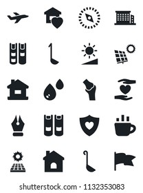 Set of vector isolated black icon - book vector, coffee, house, heart shield, hand, joint, plane, brightness, compass, ink pen, sun panel, office building, sweet home, ladle, water, flag