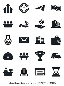Set of vector isolated black icon - meeting vector, manager place, office building, arrow up graph, palm sproute, wallet, clock, investment, flask, cash, case, car, paper plane, schedule, mail, sand