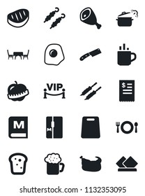 Set of vector isolated black icon - hot cup vector, diet, fridge, cafe, menu, beer, bread, table, vip zone, restaurant receipt, chicken, steak, kebab, ham, cutting board, knife, steaming pan