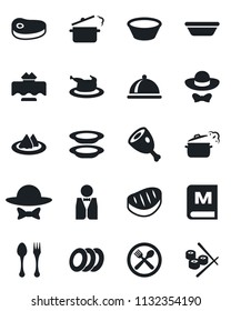 Set of vector isolated black icon - spoon and fork vector, waiter, dish, restaurant table, serviette, cafe, menu, plates, dress code, chicken, steak, ham, bowl, steaming pan, sushi