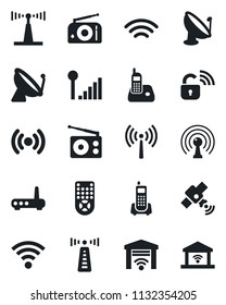 Set of vector isolated black icon - antenna vector, satellite, office phone, radio, remote control, wireless, cellular signal, lock, router, garage gate