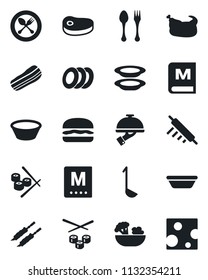 Set of vector isolated black icon - spoon and fork vector, menu, salad, plates, bacon, waiter, chicken, steak, kebab, hamburger, ladle, bowl, rolling pin, sushi, cheese