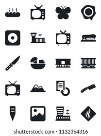 Set of vector isolated black icon - tv vector, airport building, document reload, stamp, butterfly, plant label, railroad, rec button, gallery, stapler, mountains, salad, bread, knife
